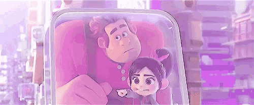 wreck it ralph and vanellope from the movie wreck it ralph are looking out of a glass box .