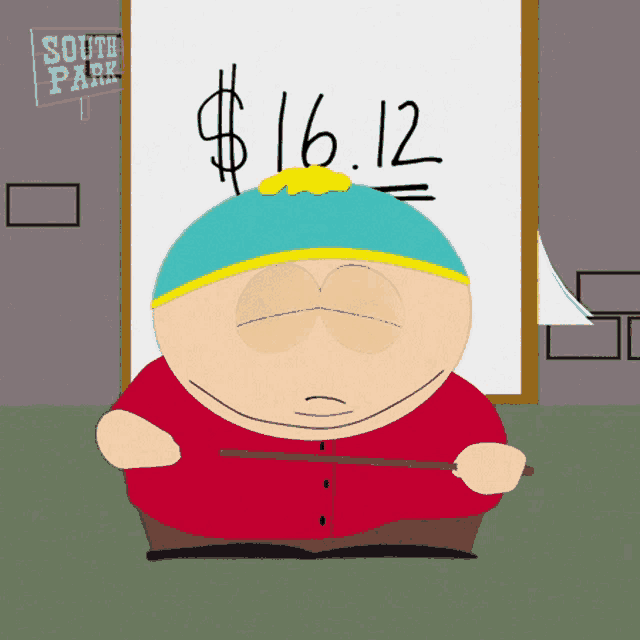 a cartoon character from south park is holding a stick in front of a sign that says south park