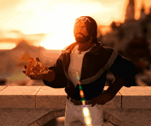 a man with a beard is holding a piece of pizza