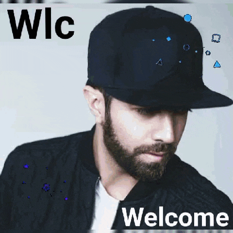 a man with a beard wearing a black hat with the words welcome written below him