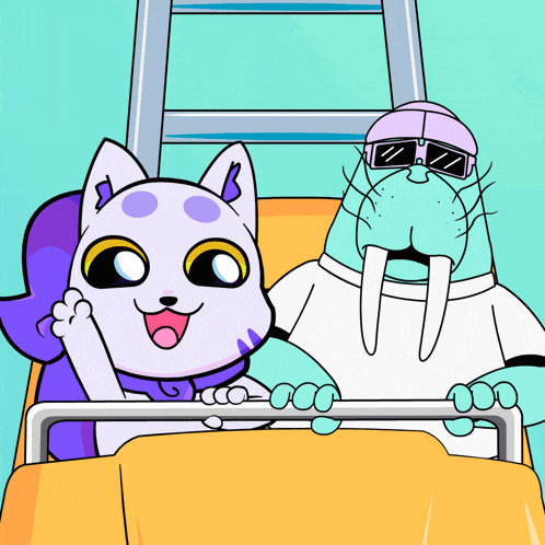 a cat and a walrus are riding on a roller coaster