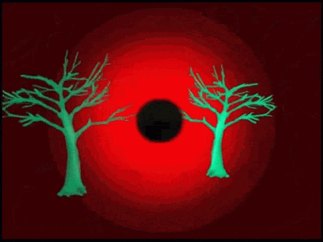 a drawing of two trees with a red background and a black object in the middle