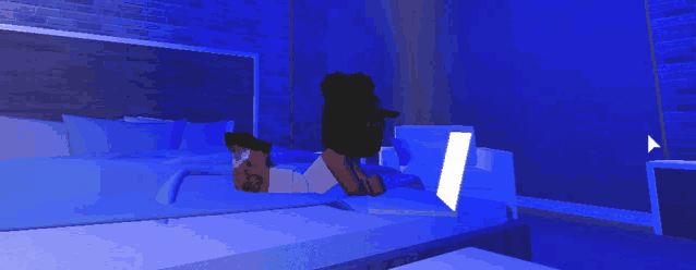 a computer generated image of a person laying on a bed with a laptop