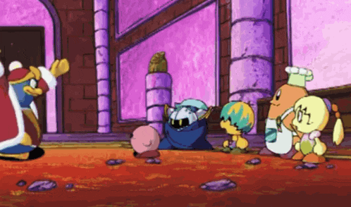 a group of cartoon characters are standing in a room with a purple wall