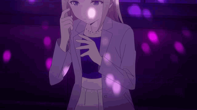 a girl in a purple jacket is standing in a dark room with purple lights behind her
