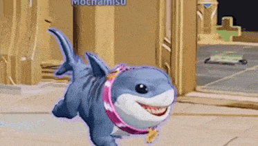 a shark wearing a pink collar and a medallion is walking in a doorway .