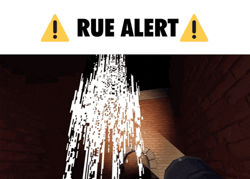a sign that says rue alert on it with a brick wall in the background