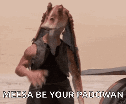 a star wars character is standing in the desert and says meesa be your padwan