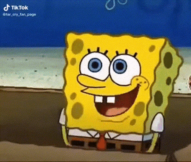 spongebob squarepants is smiling and looking at the camera while standing in the water .