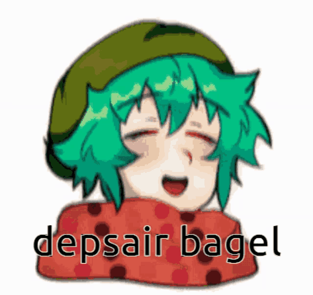 a picture of a girl with green hair and the words depsair bagel written on it