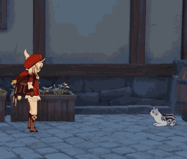 a girl in a red hat is standing next to a cat in a video game