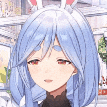 a close up of a anime girl with long blue hair and bunny ears