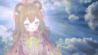 a girl with long hair is standing in front of a blue sky with clouds