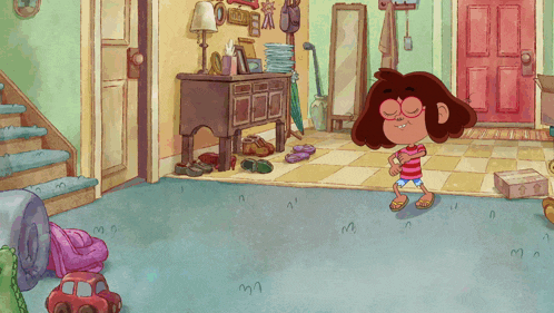 a cartoon girl is standing in a hallway with a red door
