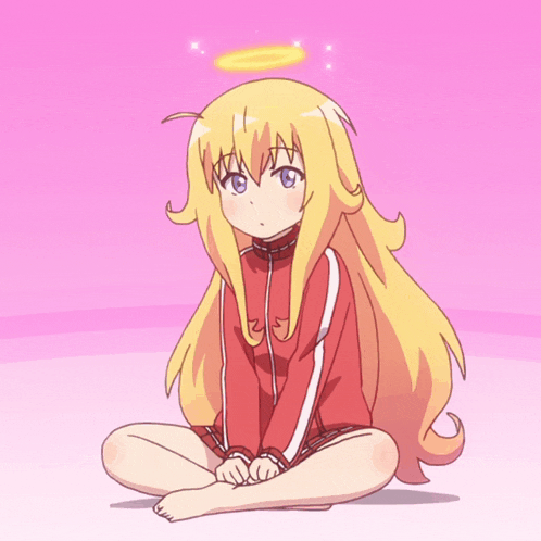a girl with long blonde hair and a halo on her head sits on the floor