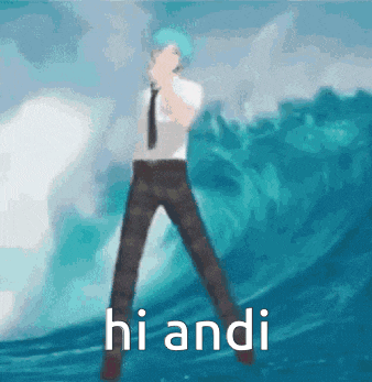 a man in a suit and tie is standing in front of a wave with the words hi andi below him