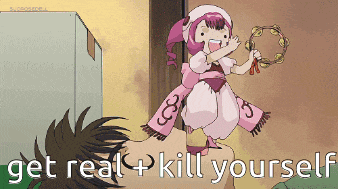 a girl in a pink dress is holding a tambourine with the words get real + kill yourself below her