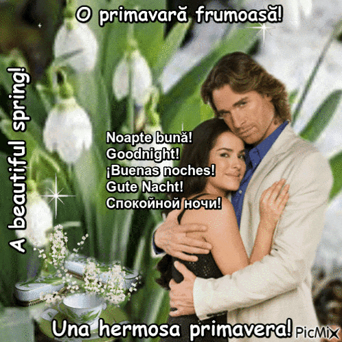 a picture of a man and a woman hugging with the words una hermosa primavera on the bottom