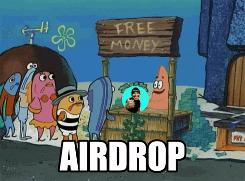 a cartoon of spongebob and patrick selling free money and airdrop