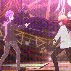 two anime characters are dancing on a stage in front of a purple background .