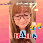 a picture of a girl with glasses and the word " haha "