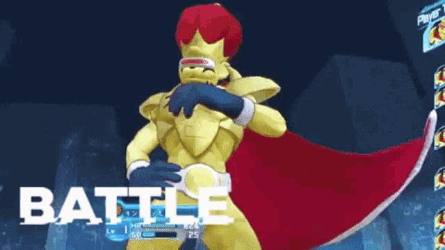 a cartoon character with a red cape says battle
