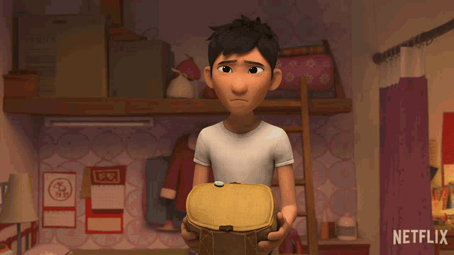 a cartoon of a boy holding a bag that says nothing on it