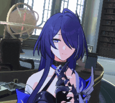 a girl with long blue hair is standing in front of a window with a globe in the background