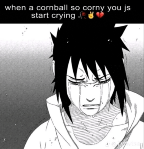 a black and white drawing of a boy crying with the caption when a cornball so corny you js start crying