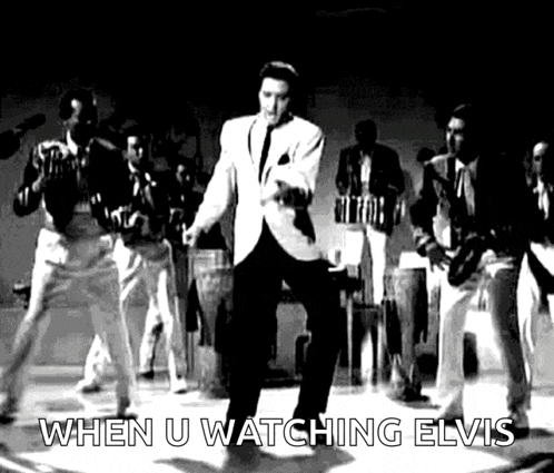 elvis presley is dancing in a black and white photo with the words when u watching elvis