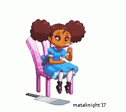 a pixel art drawing of a girl sitting on a chair