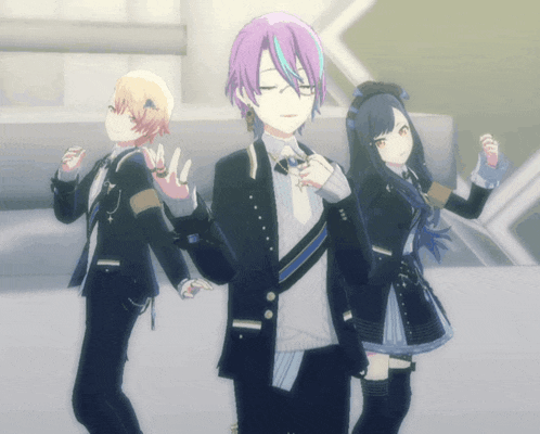 a group of anime characters are standing next to each other and one has purple hair