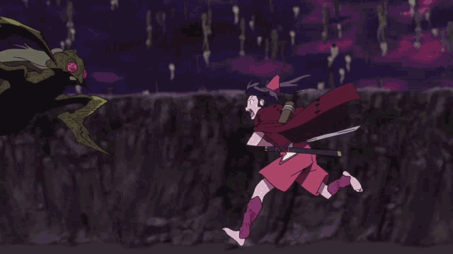 a girl in a red dress is holding a sword in a cartoon scene