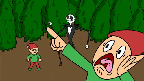 a cartoon of a man pointing at a skeleton