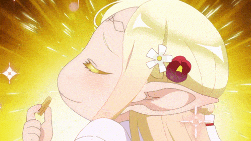a girl with a flower in her hair is holding a piece of gold