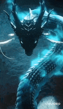 a dragon with blue flames coming out of its mouth is standing in the water .