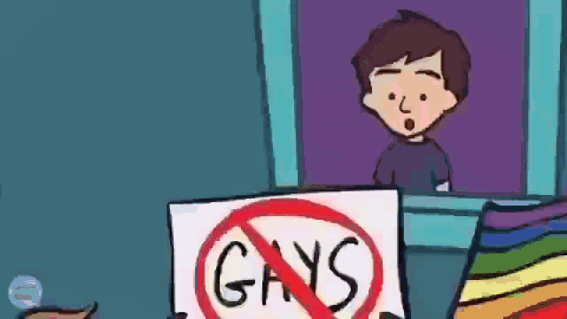 a cartoon of a man standing behind a sign that says gays