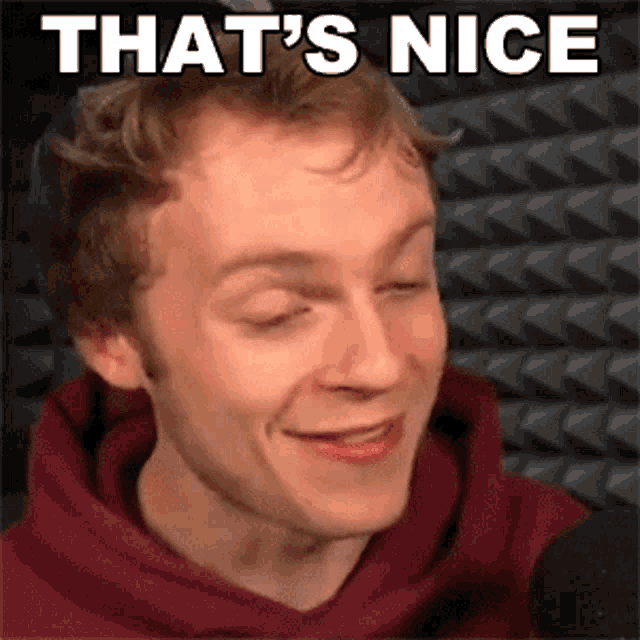 a man in a red hoodie is smiling in front of a microphone and the words `` that 's nice '' are above him .