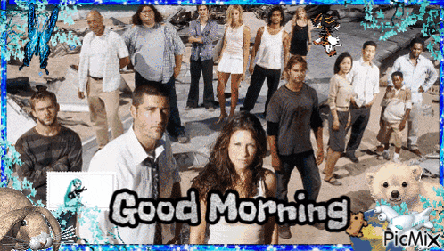 a group of people standing on a beach with the words " good morning " on the bottom