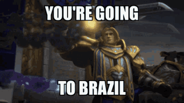 a meme that says " you 're going to brazil " with a building in the background