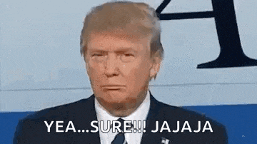 donald trump is wearing a suit and tie and making a funny face while standing in front of an airplane .
