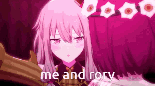 a pink haired anime girl with the words `` me and rory '' written on the bottom