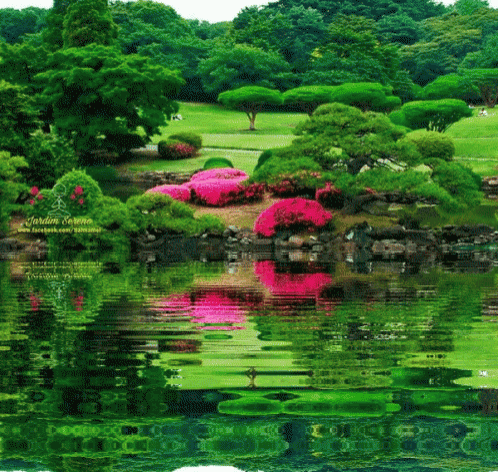 a painting of a park with trees and flowers is on a facebook page