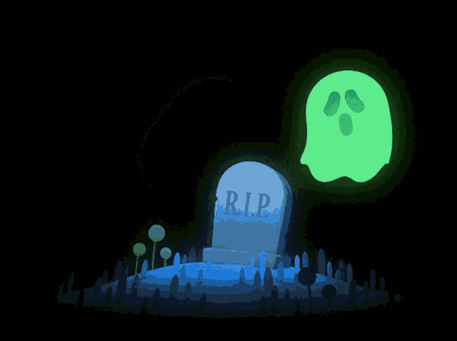 a glow in the dark ghost is flying over a grave with the word rip on it