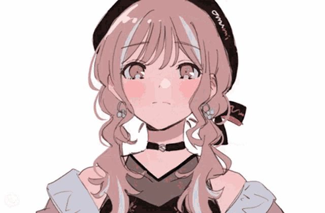 a drawing of a girl with a choker and a hat that says ' amm ' on it