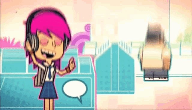 a cartoon girl with pink hair and headphones is dancing in front of a car .