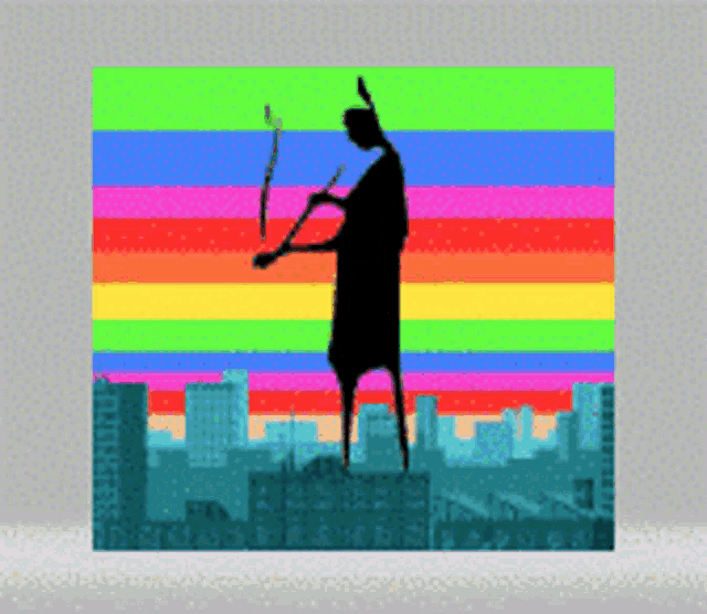 a silhouette of a man holding a bow and arrow in front of a rainbow background