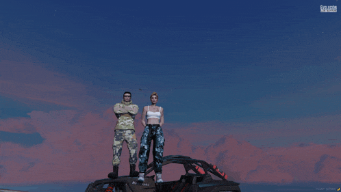 a man and a woman are standing on top of a vehicle in a video game called grand theft auto online