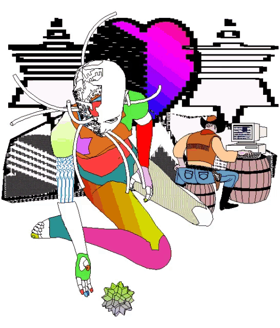a cartoon drawing of a man sitting at a computer with a pink heart in the background
