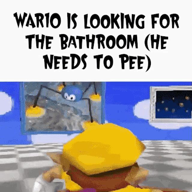 wario is looking for the bathroom he needs to pee .